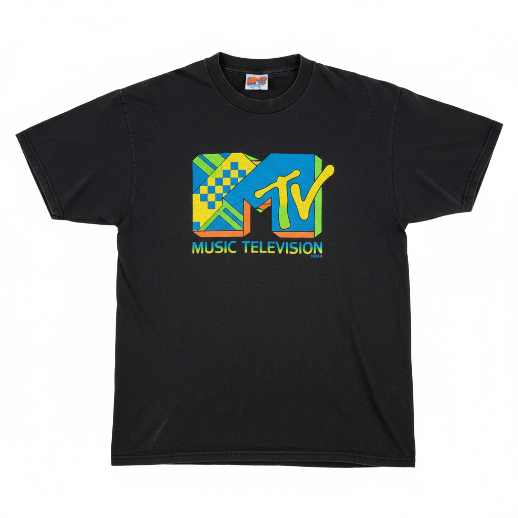 90s style MTV graphic t-shirt in retro colors