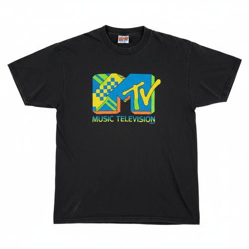 90s style MTV graphic t-shirt in retro colors