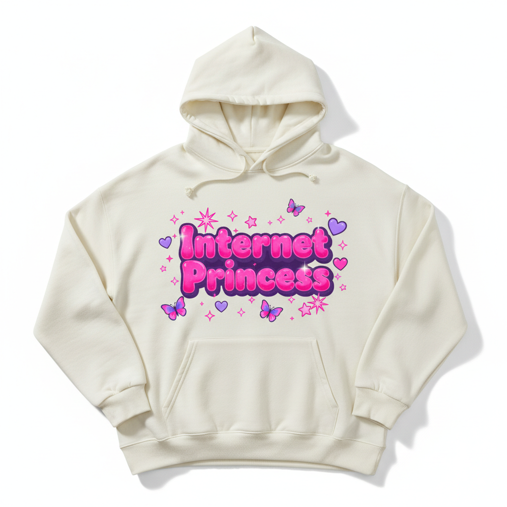 Hot pink Y2K aesthetic hoodie with Internet Princess graphic